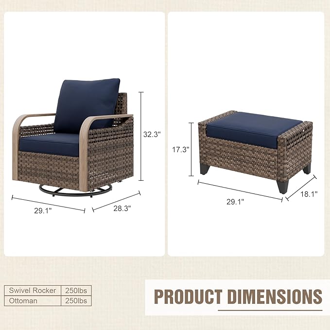 Modern Wicker Outdoor Swivel Rocking Chairs, Rattan Glider Rocker Patio Furniture for Backyard, Deck, Porch, Garden, 2 Chairs 2 Ottomans, Brown/Blue