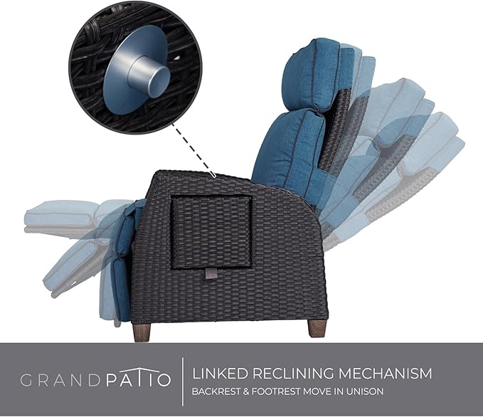 Grand patio Outdoor Recliner Chair Patio 150° Lay Flat Recliner with Flip Table Wicker Reclining Lounge Chair Peacock - Photo 3