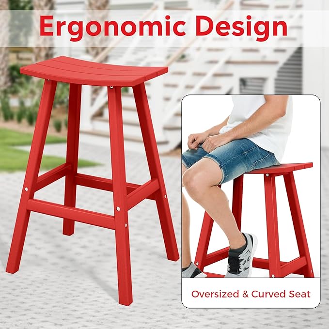 Costaelm All-Weather Bar Stools Set of 3, 29" Height Outdoor Bar Stools, Adirondack Poly Patio Bar Stool for Patio, Deck, Kitchen Counter and Garden, Red