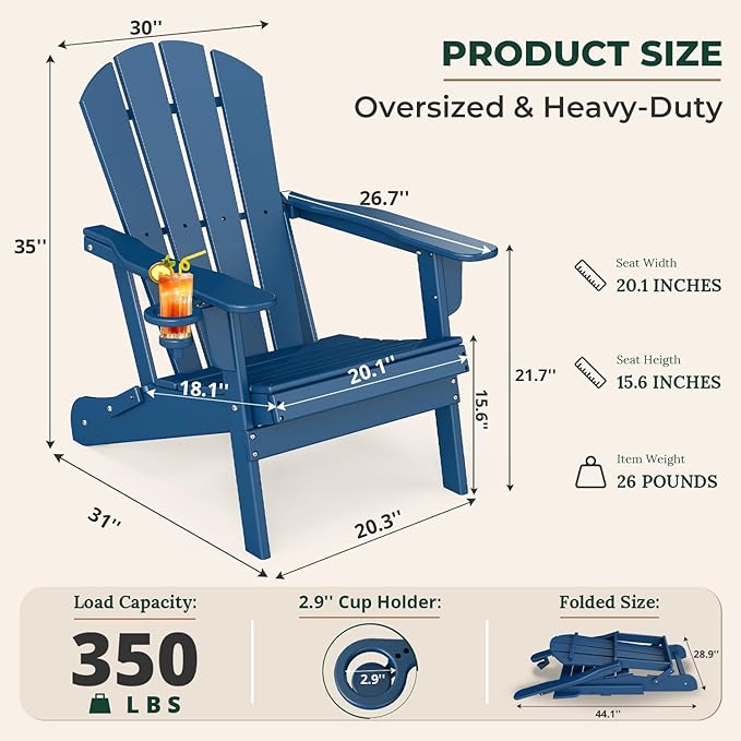 BRIOPAWS Folding-Adirondack-Chairs Set of 2 | HDPE Plastic | Fire Pit Chair | Cup Holder | Curved Back | All Weather| for Outdoor Backyard Deck Patio | Blue