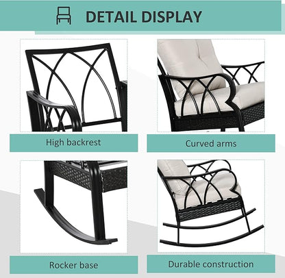 Outsunny Outdoor Wicker Rocking Chair with Padded Cushions, Aluminum Furniture Rattan Porch Rocker Chair w/Armrest for Garden, Patio, and Backyard, Khaki