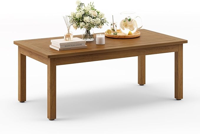 LUE BONA Outdoor Coffee Table Rectangle, 42.5" HDPS Patio Coffee Tables for Outside, All Weather Patio Coffee Table with Slatted Tabletop for Deck, Garden, Balcony, Indoor or Outdoor Use, Teak