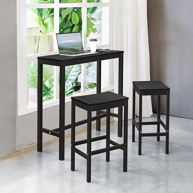 Outdoor Bar Table, 38" Patio Bar Height Counter Console Table, Black Waterproof HDPS Slatted Top and Bronze Leg - Photo 2