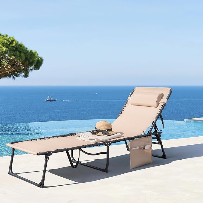 Greesum Chaise Lounge Folding Tanning Chair with 5 Position Adjustable Back, Detachable Pillow & Pocket Outside Pool, Beach, Sunbathing, Beige