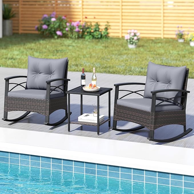 Tangkula 3 Pieces Outdoor Rocking Chairs Set, Rattan Heavy Duty Cushioned Rocker Chairs with 2-Tier Tempered Glass Coffee Table, for Garden, Balcony, Backyard (Gray)