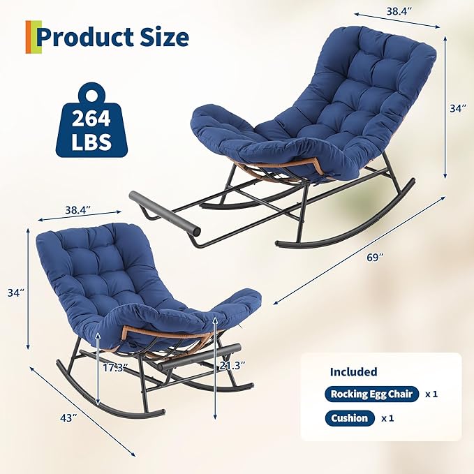Outdoor Rocking Chair with Footrest, Oversized Patio Papasan Chairs with Cushion, Modern Lounge Rocker Chair for Indoor Living Room Garden Porch Balcony, Blue