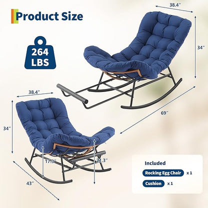 Outdoor Rocking Chair with Footrest, Oversized Patio Papasan Chairs with Cushion, Modern Lounge Rocker Chair for Indoor Living Room Garden Porch Balcony, Blue