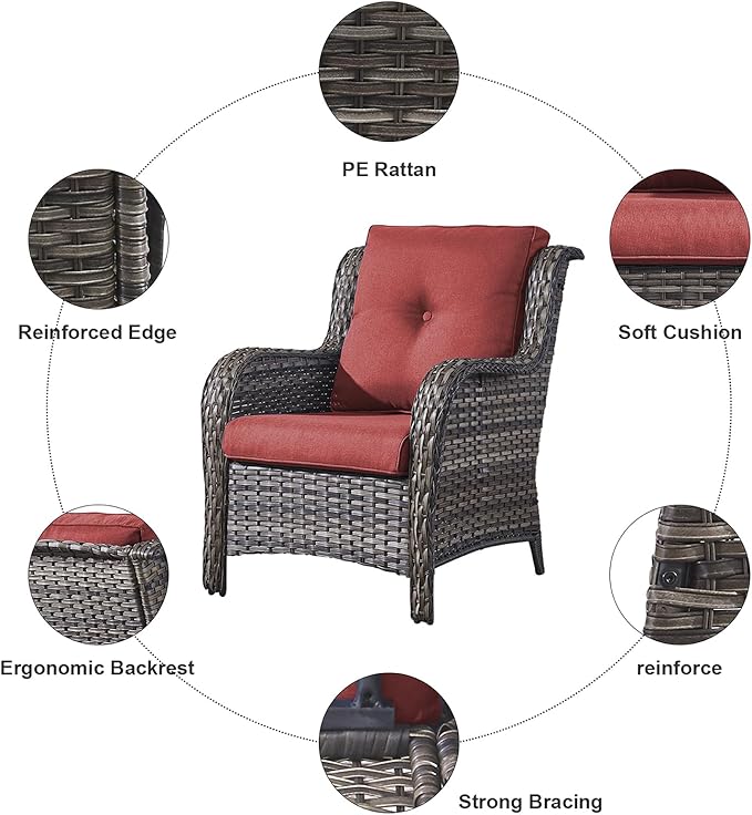 HUMMUH Outdoor Furniture 6 Pieces Patio Furniture Set Wicker Outdoor Sectional Sofa with 2 Patio Chairs,Ottomans,Coffee Table(Grey/Red)