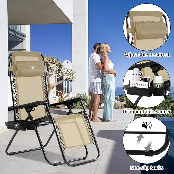 Dkeli Zero Gravity Chair Patio Chair Lounge Chair Chaise 2 Pack Outdoor Folding Adjustable Recliner Chair with Cup Holder Tray and Pillows for Patio, Pool, Beach, Lawn, Deck, Yard - Tan