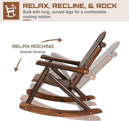 HOMEDIARY Wooden Adirondack Rocking Chair, Patio Log Rocker Outdoor Lounge Chair with Slatted Wooden Design, High Fanned Back & Classic Rustic Style for Garden Patio Backyard (Set of 2, Carbonized)