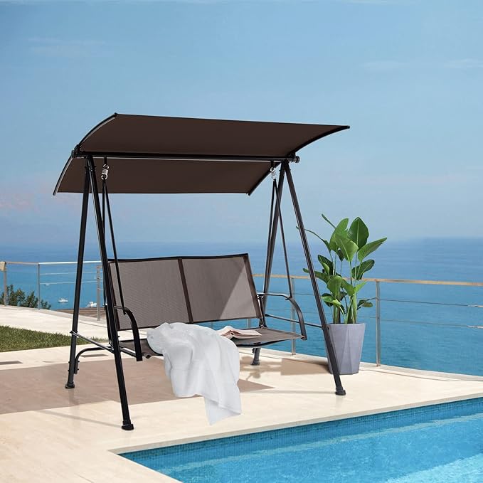 Tangkula 2 Person Porch Swing, Patio Swing with Adjustable Canopy, Comfortable Fabric Seat & Heavy-Duty Steel Frame - Photo 3