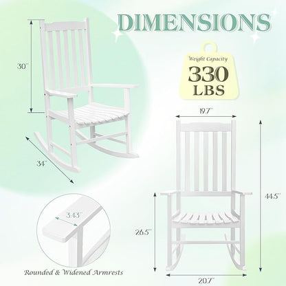 Flamaker Outdoor Rocking Chair Oversized Wooden Patio Chairs with Widened Armrest High Back Porch Rocker for Lawn, Garden, Backyard, Fire Pit (White)
