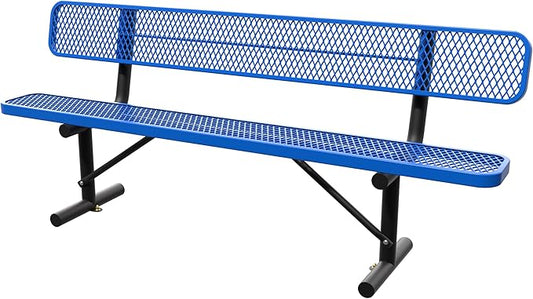 8FT Heavy Duty Park Bench with Back Portable Frame, Outdoor Steel Bench with Backrest, Outdoor Park Bench Expanded Metal Mesh Bench for Lawn, Park, Deck, Garden, Patio, Porch, Black (Blue, 8FT)