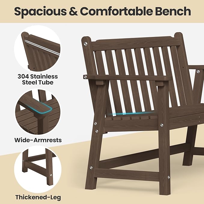 Ciokea 48" Outdoor Bench, HDPE Weatherproof Porch Bench, 2-Person Garden Benches with 550 Lbs - Photo 4