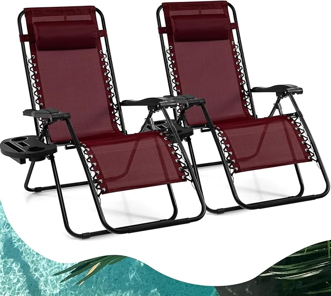 Goplus Zero Gravity Lounge Chairs, 160°Adjustable Folding Recliner w/Pillow and Cup Holder, 350LBS Comfy Outdoor Lounge Chairs for Patio, Lawn, Yard & Camp(Set of 2, Wine)