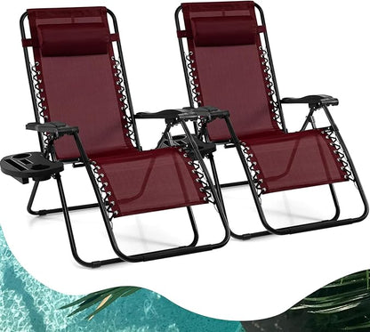 Goplus Zero Gravity Lounge Chairs, 160°Adjustable Folding Recliner w/Pillow and Cup Holder, 350LBS Comfy Outdoor Lounge Chairs for Patio, Lawn, Yard & Camp(Set of 2, Wine)