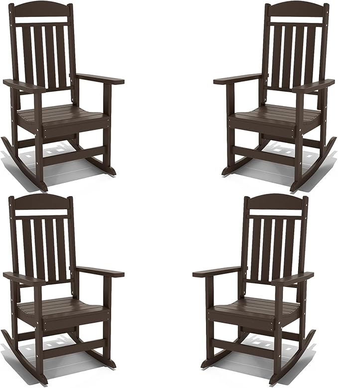 Outdoor Rocking Chairs Set of 4, Oversized High Back Patio Rocking Chairs, All Weather Porch Rocking Chairs for Outside. Coffee