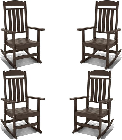 Outdoor Rocking Chairs Set of 4, Oversized High Back Patio Rocking Chairs, All Weather Porch Rocking Chairs for Outside. Coffee