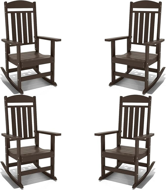 Outdoor Rocking Chairs Set of 4, Oversized High Back Patio Rocking Chairs, All Weather Porch Rocking Chairs for Outside. Coffee