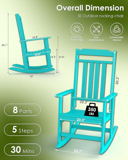 GREENVINES Outdoor-Rocking-Chairs-Set-of-2 | HDPE Plastic | Patio Rockers | Porch Rocker Chair | Oversized | High Back | Big & Tall | Aqua