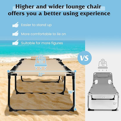 GYMAX Lounge Chair for Outside, 440lbs 27” Oversize Folding Beach Tanning Sunbath Chair with Adjustable Backrest & Removable Pillow, Lightweight Portable Patio Lounger for Lawn Poolside (Sand,1)