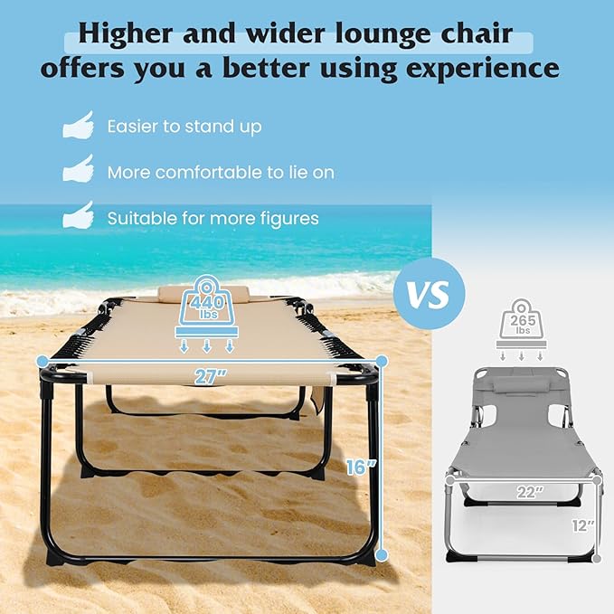 GYMAX Lounge Chair for Outside, 440lbs 27” Oversize Folding Beach Tanning Sunbath Chair with Adjustable Backrest & Removable Pillow, Lightweight Portable Patio Lounger for Lawn Poolside (Sand,2)