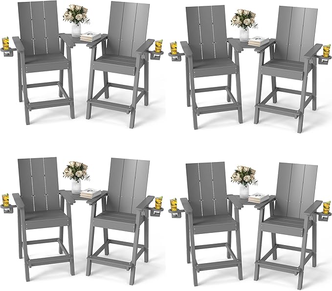FOOWIN Tall Adirondack Chairs Set of 8,HDPE Adirondack Bar Stools with Connecting Tray & Cup Holders,Weather Resistant Balcony Chair for Outdoor Deck Lawn Pool Backyard Grey