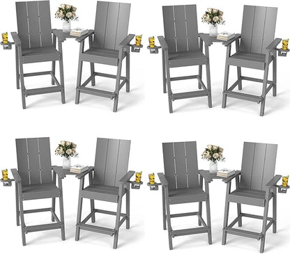 FOOWIN Tall Adirondack Chairs Set of 8,HDPE Adirondack Bar Stools with Connecting Tray & Cup Holders,Weather Resistant Balcony Chair for Outdoor Deck Lawn Pool Backyard Grey
