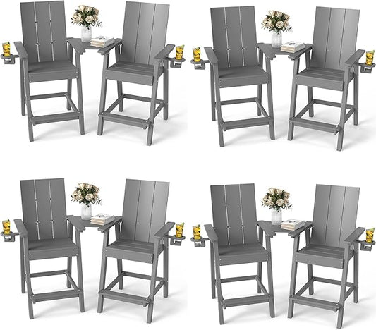 FOOWIN Tall Adirondack Chairs Set of 8,HDPE Adirondack Bar Stools with Connecting Tray & Cup Holders,Weather Resistant Balcony Chair for Outdoor Deck Lawn Pool Backyard Grey