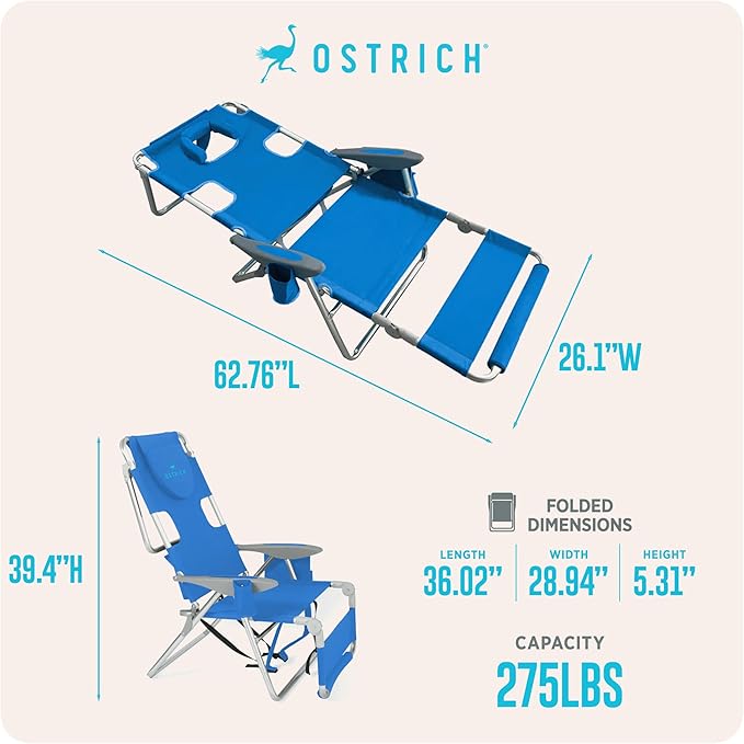 Ostrich the Backpack 3N1 Portable Chair with Cooler Bag and Reclining Lounger for Tanning, Camping, Beach, and Outdoor Essential, Blue Stripe