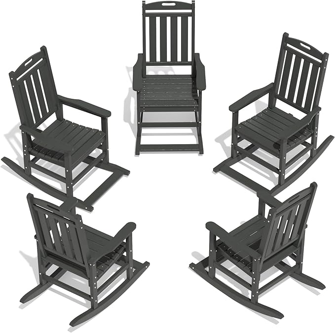 LOUNZY Outdoor Rocking Chair with Footboards Set of 5, HDPE Rocking Chair Patio Porch Rocker with 380lbs Support for Adult, Grey