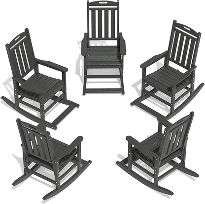 LOUNZY Outdoor Rocking Chair with Footboards Set of 5, HDPE Rocking Chair Patio Porch Rocker with 380lbs Support for Adult, Grey