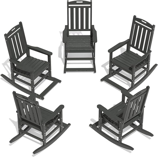 LOUNZY Outdoor Rocking Chair with Footboards Set of 5, HDPE Rocking Chair Patio Porch Rocker with 380lbs Support for Adult, Grey