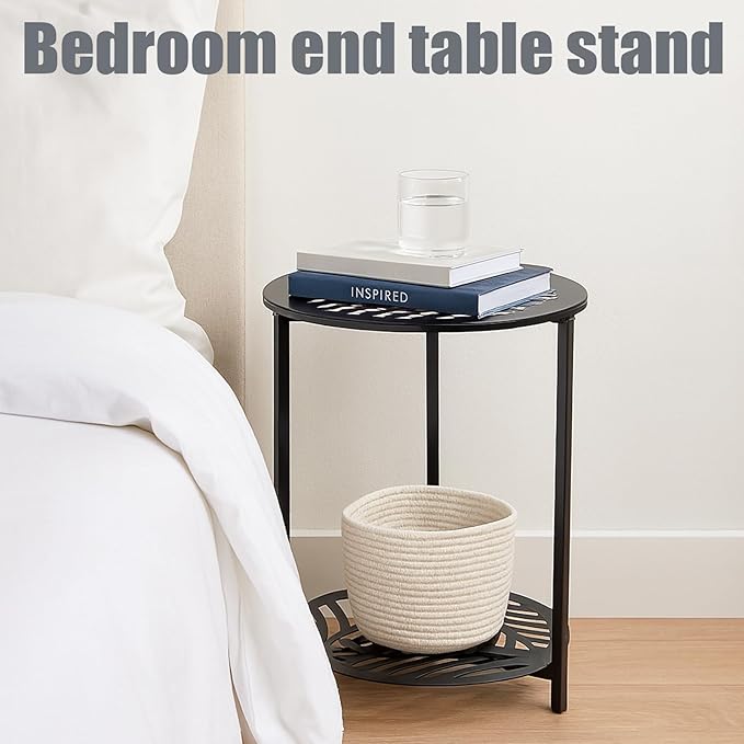 13" Two-tiered Metal Round Side Tables Small Black Outside End Table for Patio Round Accent Garden Corner Stand for - Photo 7