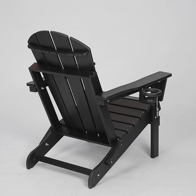 HDPE Folding Adirondack Chair with Dual Cup Holder - Composite Adirondack Chair with Wood Texture- Black