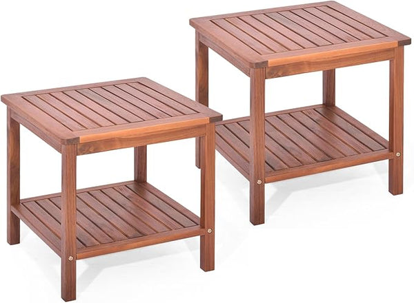 RELAX4LIFE Adirondack Outdoor Side Table - 2-Tier Acacia Wood Square End Tables w/Slatted Tabletop & Shelf for Garden - Photo 1