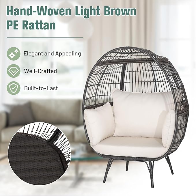 Tangkula Oversized Wicker Egg Chair, Stationary Patio Lounge Basket w/ 4 Soft Cushions, Stable Metal Frame, Gorgeous Indoor Outdoor Lounge Chair, Ideal for Living Room, Backyard, 450 LBS Max Load