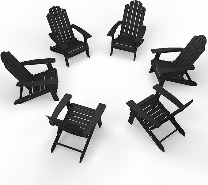 MXIMU Folding Adirondack Chair for Outdoor: Easy to Assemble and Comfortable Adirondack Chairs Set of 6 - All Weather Composite Plastic Chair for Outside Fire Pit Patio Lawn Garden Backyard Use(Black)