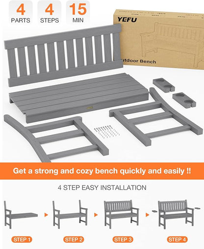 YEFU Outdoor Bench for Patio Waterproof: Heavy Duty 2-Person Garden Bench with 2 Cup Holders & Oversized Seating - HIPS Weatherproof Patio Benches for Front Porch Backyard Park, Grey