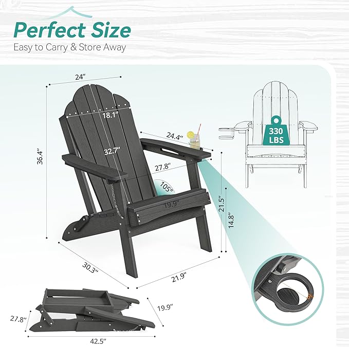 Foldable HDPE Adirondack Chairs Set of 2, Modern, Deck, Patio, Hotel, All-Weather Outdoor Seating, Hidden Cup Holder, Dark Gray