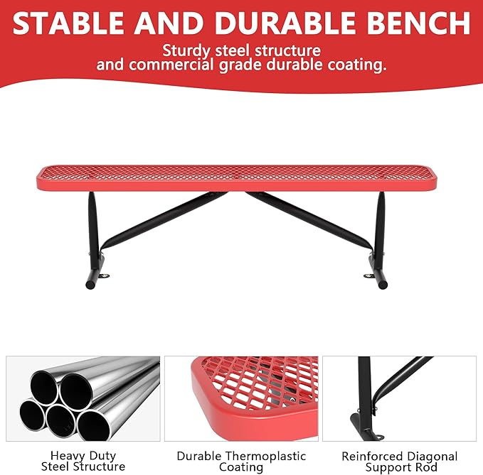 6FT Metal Park Bench for Outside, All-Weather Thermoplastic Coating Outdoor Bench with Anchor, Commercial Heavy Duty Benches for Shopping Malls, Stores, Parks, Patios, Decks, Red