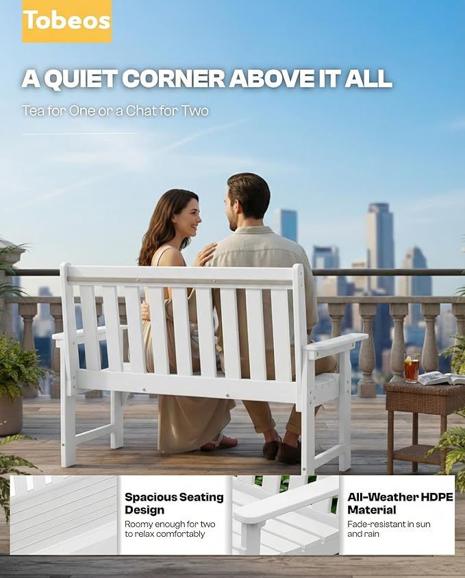 2-Person Outdoor Garden Bench, HDPE All-Weather Patio Bench with Backrest & Armrests, Heavy Duty Outdoor Seating for Porch, Backyard & Park, 660 lbs (White, 1 Bench)