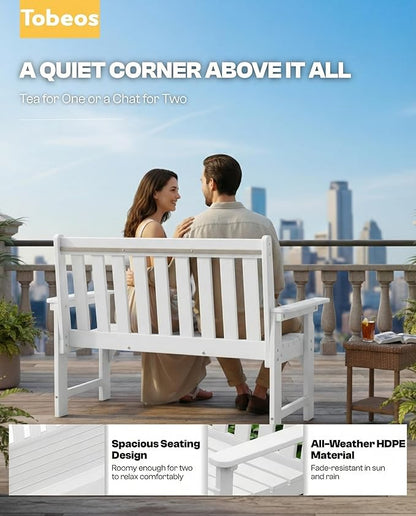 2-Person Outdoor Garden Bench, HDPE All-Weather Patio Bench with Backrest & Armrests, Heavy Duty Outdoor Seating for Porch, Backyard & Park, 660 lbs (White, 2 Benches)