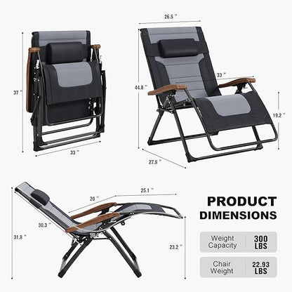 PURPLE LEAF Extra Wide Outdoor Reclining Chair Set of 2 Patio Zero Gravity Chaise Lounge Folding Chair with Quilted Cushion Adjustable Headrest for Lawn Camping Beach Pool Black and Grey