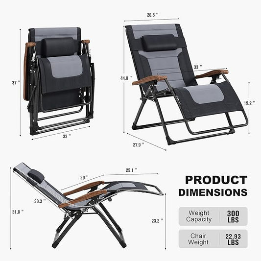 PURPLE LEAF Extra Wide Outdoor Reclining Chair Set of 2 Patio Zero Gravity Chaise Lounge Folding Chair with Quilted Cushion Adjustable Headrest for Lawn Camping Beach Pool Black and Grey