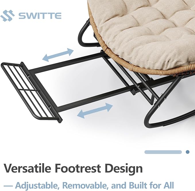 SWITTE Outdoor Papasan Rocking Chair with Adjustable Footrest, Oversized Wicker Zero-Gravity Chair with Cushion, All-Weather Lounge for Patio, Living Room-Cream