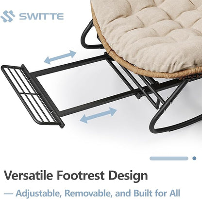 SWITTE Outdoor Papasan Rocking Chair with Adjustable Footrest, Oversized Wicker Zero-Gravity Chair with Cushion, All-Weather Lounge for Patio, Living Room-Cream