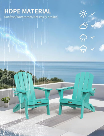 Folding Adirondack Chair Set of 4, Wooden Textured Plastic Adirondack Chairs with 2 Cup Holder, Weather Resistant HDPE Fire Pit Chair, Outdoor Patio Chairs for Garden, Backyard, Lawn, Deck, Lake Blue