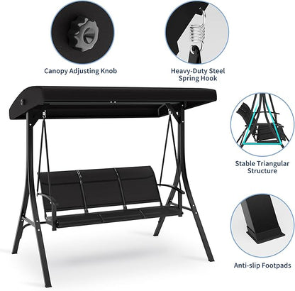 GAOMON 3-Seat Patio Swing Chair with Adjustable Canopy & Armrests, Breathable Textilene Fabric Seat & Backrest, Outdoor Porch Hanging Swing Bench for Garden, Poolside, Backyard – Black