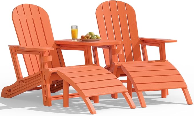 Vongrasig Adirondack Chairs Set of 2 with Removable Tabletop and Footrest, All-Weather HDPE Outdoor Chair Set with Wooden Textured, Cup Holder for Patio, Poolside, Deck, Garden, Orange